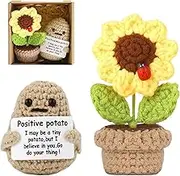 COZYFEELING Cute Mini Positive Potato Crochet Doll Gifts, Positive Potato Funny, Emotional Support Sunflower Pot Desk Decoration Crochet Birthday Gifts for Women Mom Best Friend (Sunflower & Potato)