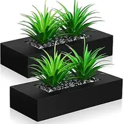 Hotop 2 Pcs Wood Artificial Green Grass Plants 9.5 Inch Wood Artificial Planter Pot in Decorative Black Wooden Rectangle Planter Pots Chlorophytum Square Flowerpot Indoor Decorative Box Centerpiece