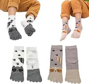 [Pursuestar] 2 Pairs Cotton Five Finger Toe Socks Athletic Running Casual Cartoon Animal Seperated Socks for Kids Girls Boys 3-12 Years