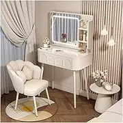 White Makeup Dressing Table Small Vanity Desk for Bedroom Dresser Set with Drawer and LED Mirror Ergonomic Cushioned Stool