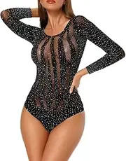 [Generic] Long Sleeve Fishnet Bodysuit for Women Sexy Lingerie with Sparkle Rhinestone Backless Top Underwear