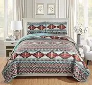 Rugs 4 Less Rustic Southwestern Quilt Stitched Western Bedspread Bedding Set with Tribal Native American Patterns - Utah (Turquoise, Full - Queen)