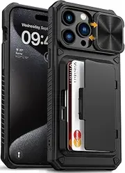 Vihibii for iPhone 15 Pro Max Case with Card Holder (4 Cards) & Slide Camera Cover & Kickstand, Military Grade Drop Protection, Rugged Hard Back & Silicone Edge Wallet Phone Case, 6.7" 2023, Black