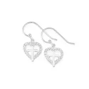 Silver Cross Cz Heart Hook Earrings in White