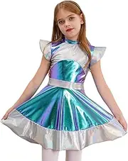 [RUNQHUI] Alien Costume For Kids Girls Robot Outer Space Shiny Metallic Dress Halloween Cosplay Party Fancy Dress
