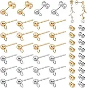 PH PandaHall 20 Pairs 304 Stainless Steel Earring Posts, Studs Flat Back Earrings Ear Pin Ball Post with Loop Butterfly Earring Backs for DIY Jewelry Making