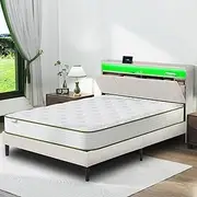 Familand Queen Size Bed Frame with Storage Headboard & LED Lights,Upholstered Platform Bed Frame with USB & Type-C Charging Station,Heavy-Duty Metal & Wood, No Box Spring Needed,Cream