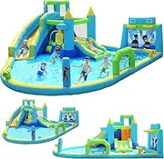 Inflatable Water Slide Park for Kids, 9-in-1 Large Inflatable Bouncy House Splash Pool Suitable, for Backyard Bounce House Water Slide with Basketball Hoop Football Goal and Boxing Bag