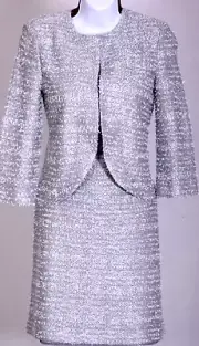 NWT ST.JOHN Womens Gray Silver Sequins Metallic Shimmer Jacket Skirt Sz 10-12