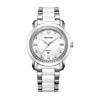 【RHYTHM 麗聲】歐式英倫款日期顯示陶瓷腕錶(白/半陶瓷錶帶)