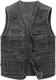 [Hbufnha] Men's Denim Vest Outdoor Casual Multi Pocket Sleeveless Jacket Jean Work Travel Utility Vest