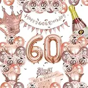 37 Pcs Rose Gold 60th Birthday Decorations with Happy 60th Birthday Banner, Rose Gold 60th Birthday Balloons Star Heart Balloons, Cake Topper, Sash for Women 60 Years Old, Sixty Birthday Decor