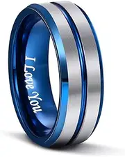 [LaurieCinya] Mens Wedding Band Tungsten Rings for Men 8mm Black Brushed Finish Blue Red Gold Groove Centre Comfort Fit Multi Size Engraved I Love You