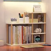 Dreamhousey Desktop Simple Bookshelf, Multi-Layer Solid Wood Storage partition on The Office Desk Student Large Capacity Bookcase File Organizer (White+Oak), 014-8