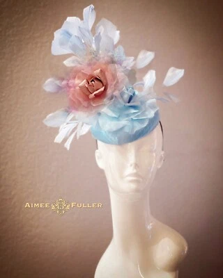 Kentucky Derby Fascinator Light Powder Blue Dusty Pink Rose Hat Royal Ascot Hat