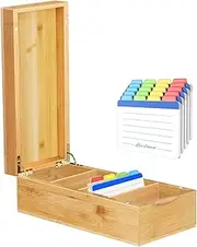 Neando Bamboo Business Card Organizer for 2x3.5 Cards – 600-Card Capacity Wooden Holder with Lid, 4 Compartments, Includes 20 Thick Index Cards – Natural Mini Card Filing Box