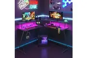 Advwin L Shaped Gaming Desk with LED Lights & Power Outlets Computer Corner Desk with Monitor Stand Black