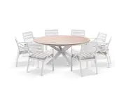 Tuscany Round 1.5m Outdoor Aluminium and Teak Dining Table with 6 Kansas Chairs in Sunbrella - Outdoor Aluminium Dining Settings - White