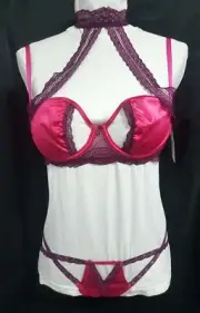 NWT Silk Fuchsia Purple Bra Wraps Around Neck Size 12B / 34B + Panties Size M