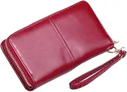 [LIFKOME] Fashionable Wallet for Women Long Oil Wax Leather Purse Zipper Lanyard Id Cash Card Holder Red
