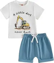 [MAHUAOYIXI] Baby Boy Outfits Round Neck Letter Digger Print T Shirts Short Sleeve + Elastic Waistband Shorts Sets Infant Baby Boys 2Pcs Toddler Summer Clothes Set, Blue, 2-3 Years