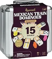 Mexican Train Dominoes Double 15 Set for Adults and Family - Colored Dot, 136 Tiles, 9 Trains, Wooden Hub, Aluminum Case
