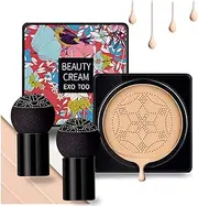 [NUIBO] Air Cushion CC Cream Mushroom Head, Moisturizing Concealer Makeup Base, Primer Liquid Foundation Long Lasting with Two Mushroom Makeup Sponges 【Natural】【Screw lid】