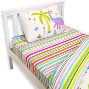 Happy Linen Company Girls Kids Dinosaur Park Jurassic Pink T-Rex Dino Stripes White Single Fitted Sheet Bedding