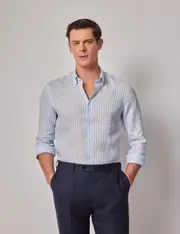 Hawes & Curtis Blue & White Stripe Pure Linen Slim Shirt | Button Down Collar Size: XXL