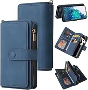 HonwYes Case Compatible Samsung Galaxy S10E Wallet Case with Wrist Strap—PU Leather Cover 15-Card Slots—Kickstand Zipper Magnetic Closure—Full Body Shockproof Blue|Tempered Film 2