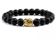 Gold Buddha Head Prayer Volcanic Lava Natural Stone Strand Bead Bracelet