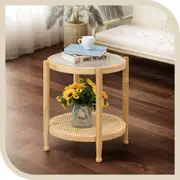 Furb 50CM Coffee Table Round Side Table with Tempered Glass & Rattan Storage Shelf for Living Room