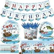 142 Pcs Gone Fishing Tableware,Fishing Birthday Party Decoration Little Fisherman Gone Fishing Themed Disposable Tablecloth,Plates,Napkins Cups Forks and Knives Supplies of Fishing Birthday Party