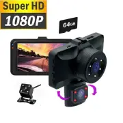 1080P 3 Channel Car Dash Cam 3-inchIPS Screen Three Lens Car 170° HD Record Front/Interior/Rear View Camera with Free