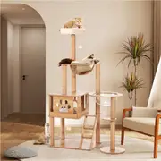 Petzly Wooden Cat Tree Tower Scratching Post Scratcher Condo House Bed 143cm