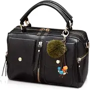 [NICOLE & DORIS] NICOLE&DORIS Women Handbags Pompon Bag Fashion Style Zipper Shoulder Bag Ladies Tote Crossbody Bag PU Leather Small Square Bag