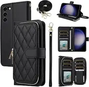 [Furiet] Wallet Case for Samsung Galaxy S23 5G with Detachable Wrist Strap, 9+ Card Slots Zipper Purse, Luxury PU Leather Stand Full Body Phone Cover for S 23 23S GS23 G5 SM-S911U 6.1 inch Women Black
