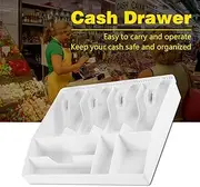 Money Register Cash Box Cash Tray Drawer Register,Plastic Money Box, 4 Bills & 4Coins Tray Compartments Money Storage Box (White)
