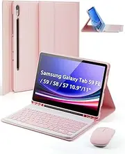 [TUNKARMOR] Case Keyboard for Samsung Galaxy Tab S10 FE / S9 FE / S9 / S8 / S7 10.9"/11" Built-in Pencil Holder with Mouse (Pink)
