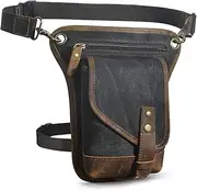 [Le'aokuu] Men‘s Canvas and Genuine Leather Waterproof Motorcycle Tactic Fanny Belt Waist Pack Drop Leg Thigh Cross Over Bag 211-6 (Black)