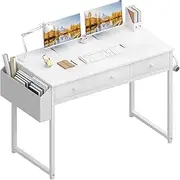 [Lufeiya] Small White Computer Desk with Fabric Drawers for Home Office Bedroom, 40 Inch Vanity Desk with Drawer Storage and Side Pouch, Study Writing Table, White