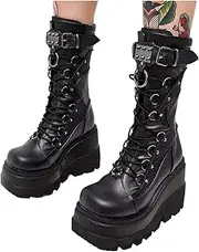 [ZKXYFFS] Platform Ankle Boots for Women Chunky High Heel Booties Punk Goth Round Toe Combat Boots Womens Lace Up Motorcycle Wedges Boots