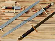 Custom Hand Forged Knight Bastard Damascus Blade Sword with Leather Sheath.