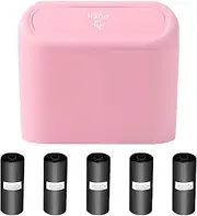 Car Trash Can with Lid, Mini Auto Dustbin Garbage Organizer with 5 Roll Plastic Trash Bag, Automotive Garbage Container Bin for Vehicle, Home, Office(Pink) (B)