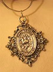 Handsome Fleur de Lis Armed St. George Warrior Medal Silvertone Pendant Necklace