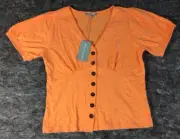 Women's Puff Sleeve Orange Size 8 Button Front Cotton Blouse Shirt Oliver Bonas