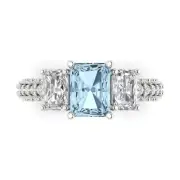4.26 ct Emerald Round 3 stone Sky Blue Topaz Promise Wedding Ring 14k White Gold