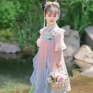 兒童漢服夏季中國風古裝連衣裙子仙氣女童刺繡民族服裝童裙襦裙