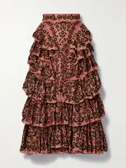[Ulla Johnson] Ulla Johnson - Reesha Embellished Tiered Linen And Silk-blend Midi Skirt - Burgundy - US6 US 6 Burgundy