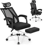 [Giantex] Ergonomic Office Chair with Footrest, High Back Mesh Office Chair with Adjustable Headrest & Linkage Armrest, 135°Reclining, Swivel Computer Desk Chair for Home Office